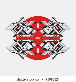 Abstract symmetric design element on red circle. Futuristic design, useful for prints and posters.