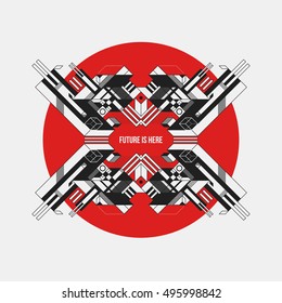 Abstract symmetric design element on red circle. Futuristic design, useful for prints and posters.