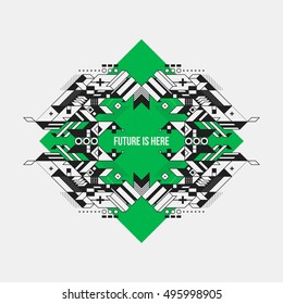 Abstract symmetric design element on green rhombus. Futuristic design, useful for prints and posters.