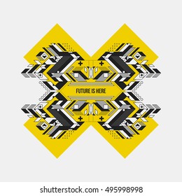 Abstract symmetric design element on yellow cross. Futuristic design, useful for prints and posters.
