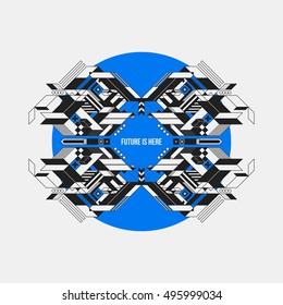 Abstract symmetric design element on blue circle. Futuristic design, useful for prints and posters.