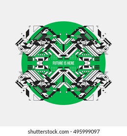 Abstract symmetric design element on green circle. Futuristic design, useful for prints and posters.