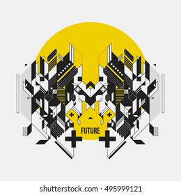 Abstract symmetric design element on yellow circle. Futuristic design, useful for prints and posters.