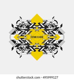Abstract symmetric design element on yellow rhombus. Futuristic design, useful for prints and posters.