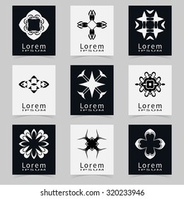 Abstract symmetric geometric shapes set, business vector icon logo collection. Black and white symbols stylized flower ornament