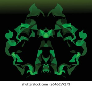 Abstract symmetric green shapes with a shadowy, organic, flowing appearance on a dark background