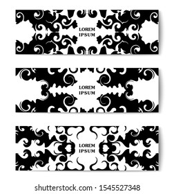 Abstract symmetric liquid forms. Futuristic shapes design. Set of banners with fantasy print. Vector design