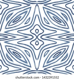 Abstract symmetric ornament background. Seamless vector pattern in indigo