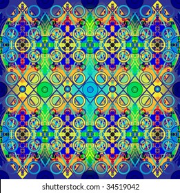 abstract symmetric pattern from rings and interlacings on a gradient background in dark blue, green and yellow colors