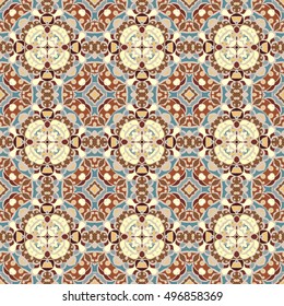 Abstract symmetric seamless pattern. Decorative background in ethnic style. The rich decor of the shapes and lines for design of cloth or paper. Vector illustration.