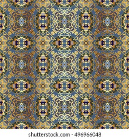 Abstract symmetric seamless pattern. Decorative background in ethnic style. The rich decor of the shapes and lines for design of cloth or paper. Vector illustration.