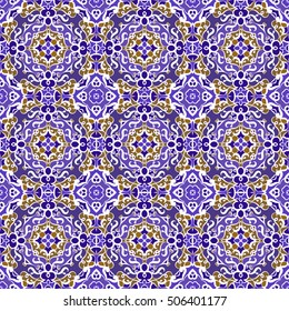 Abstract symmetric seamless pattern. Decorative background in ethnic style. The rich decor of the shapes and lines for design of cloth or paper. Vector illustration.