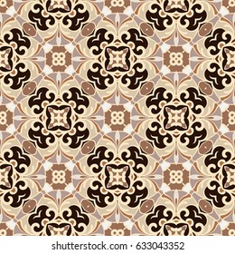 Abstract symmetric seamless pattern. Decorative background in ethnic style. The rich decor of the shapes and lines for design of cloth or paper. Vector illustration.