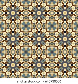 Abstract symmetric seamless pattern. Decorative background in ethnic style. The rich decor of the shapes and lines for design of cloth or paper. Vector illustration.