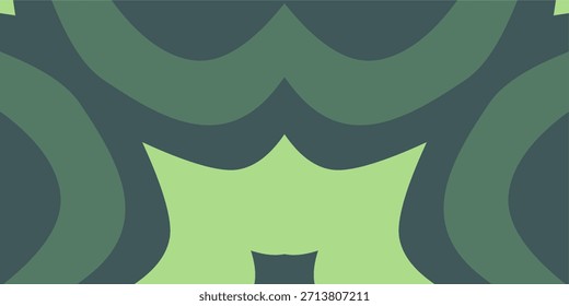 ein abstrakter, symmetrischer Hintergrund mit gekrümmten, wellenförmigen Bändern in einer dreitonigen grünen Palette, die eine Retro- oder Tarnästhetik hervorruft.