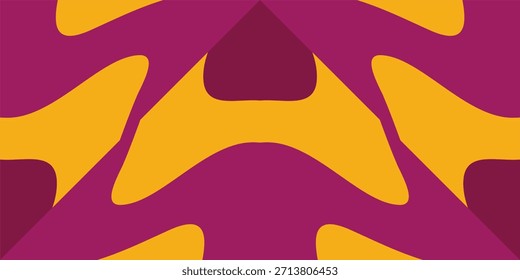 Un fondo abstracto y simétrico con Formas fluidas y onduladas en amarillo intenso, magenta y granate profundo, que evoca una estética groovy de la década de 1970.