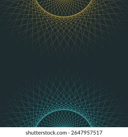 Fundo simétrico abstrato com intrincado amarelo e azul-petróleo geométrico em uma tela cinza escuro