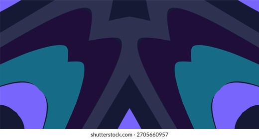 Abstract symmetrical background featuring layered, curvy shapes in cool navy, teal, and violet tones with a paper-cut aesthetic.