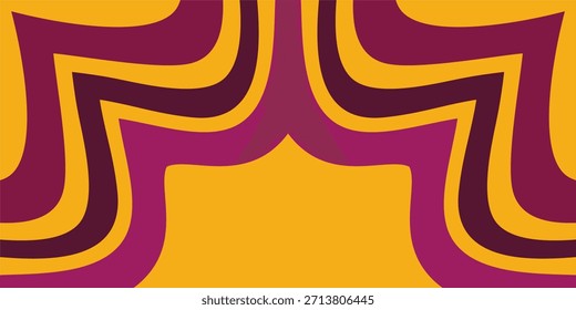 Um plano de fundo simétrico e abstrato com bandas onduladas em camadas em amarelo, magenta e marrom, assemelhando-se a uma cortina estilizada ou retro sunburst.