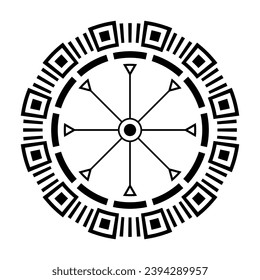 Abstract symmetrical circular ornament. Wheel. Rosette of geometric elements. Tribal ethnic motif. Stencil tattoo and print. Round  pattern. Decorative vector design element.