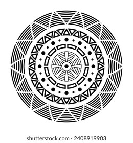 Resumen de ornamento simétrico circular. Rueda. Rosette de elementos geométricos. Motivo étnico tribal. Tatuaje de plantilla e impresión. Patrón redondeado. Elemento decorativo de diseño vectorial.