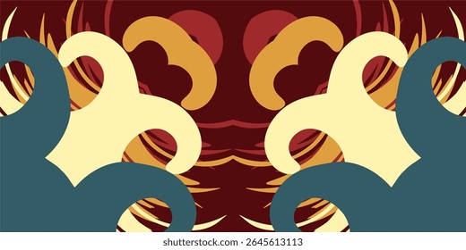 Uma composição abstrata e simétrica de ondas curvilíneas sobrepostas se forma em vermelhos quentes, amarelos e azuis frios.