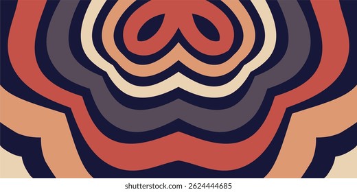 an abstract, symmetrical design with layered, flowing shapes in a retro color palette.