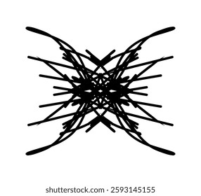 It is an abstract symmetrical design made up of geometric black lines. Because of its symmetry, it can be thought of as a stylized inkblot or a tribal-inspired pattern. Hand drawn symbolic pattern.