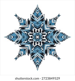 Un diseño abstracto y simétrico que se asemeja a un copo de nieve o un estallido de estrellas. Presenta Formas geométricas agudas y puntiagudas en tonos de azul, negro y blanco, que irradian desde un punto central. El diseño tiene una estética estilizada, casi digital.