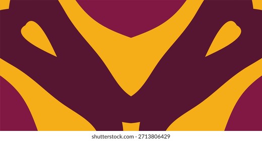 Um plano de fundo geométrico simétrico e abstrato com curvas e formas arrojadas em contraste com a Borgonha profunda e o amarelo de mostarda.