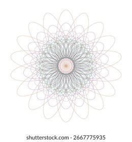 Um desenho geométrico simétrico abstrato com linhas e curvas intrincadas, assemelhando-se a uma flor ou mandala, apresentado em um fundo branco puro para a versatilidade.