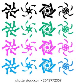 Abstract symmetrical geometric spiral logo designs, windmill patterns, gears or flowers