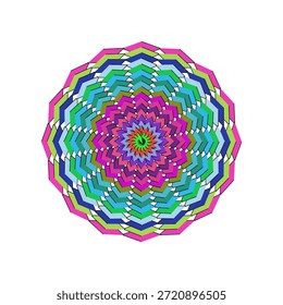 Una Imagen abstracta y simétrica con un patrón radial altamente detallado. Las capas concéntricas de Formas angulares en zigzag están dispuestas en forma circular, creando un efecto visual hipnótico. El diseño es rico con una paleta diversa de colores brillantes y vívidos que incluyen tonos de rosa, púrpura, azul, verde y naranja, transitando suavemente desde el centro hacia afuera. Los Elementos geométricos repetitivos dan la impresión de una estructura caleidoscópica o similar a un mandala, irradiando energía y complejidad. Los huecos triangulares blancos son sutilmente visibles entre algunas capas, lo que aumenta la intrincada teselación.