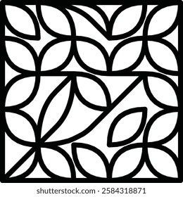 Abstract symmetrical leaf design in black and white, featuring interlocking and overlapping shapes to create a modern, minimalist pattern ideal for design, decoration, and artistic motifs