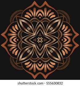 Abstract symmetrical mandala vector oriental decor retro delicate gold on a black background