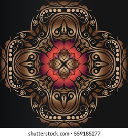 Abstract symmetrical  mandala vector oriental retro delicate gold on a black background