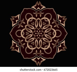 Abstract symmetrical mandala vector oriental decor retro delicate gold on a black background