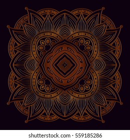 Abstract symmetrical openwork embossed mandala vector oriental decor retro delicate gold on a black background