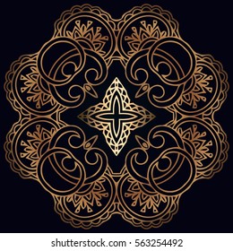 Abstract symmetrical openwork embossed mandala vector oriental decor retro delicate gold on a black background