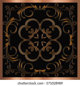 Abstract symmetrical openwork embossed mandala vector oriental decor retro delicate gold on a black background