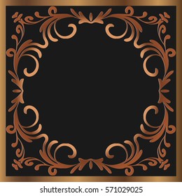 Abstract symmetrical openwork embossed vignette framed vector oriental decor retro delicate gold on a black background