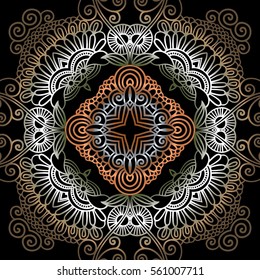Abstract symmetrical openwork mandala vector oriental decor retro delicate gold on a black background