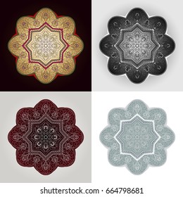 Abstract symmetrical openwork pattern. Mandala set. Vector oriental retro decor. Light against a dark background