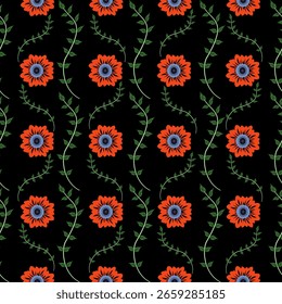 Abstract symmetrical pattern featuring delicate teal botanical branches with dotted tips accented by soft red and green on a gradient background. Ideal for fabric wallpaper or digital art design.