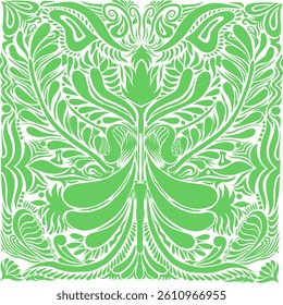 Abstract Symmetrical Pattern of Flowers and Leaves in Green Color, Vector hand-drawn illustration.