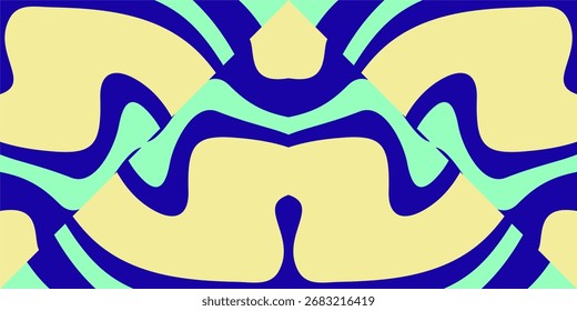 An abstract symmetrical pattern with flowing shapes in yellow, blue, and mint green tones.