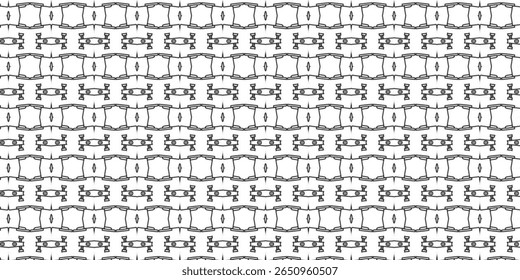 Padrão simétrico abstrato de peças mecânicas futuristas em uma grade ladrilhada. Design de linha preta e branca de alto contraste perfeito para temas digitais, científicos ou industriais.