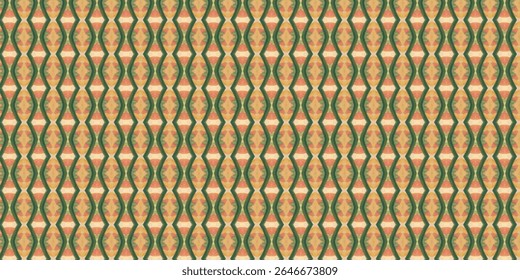 Abstract symmetrical pattern in olive, peach, and yellow tones. Repeating organic shapes evoke a retro textile feel suitable for digital or print backgrounds.
