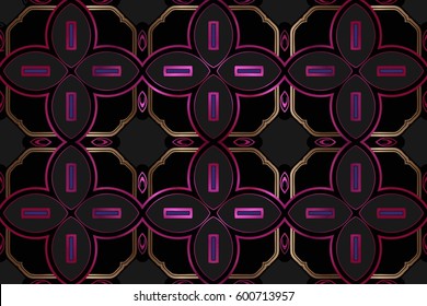 Abstract symmetrical pattern, vintage gold decor element geometric shapes oval-shaped purple-colored texture on a black background