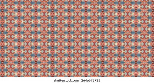 Abstract symmetrical pattern in warm tones with organic red shapes and repeating curves on a textured background. Ideal for wallpaper, textiles, or graphic design.
